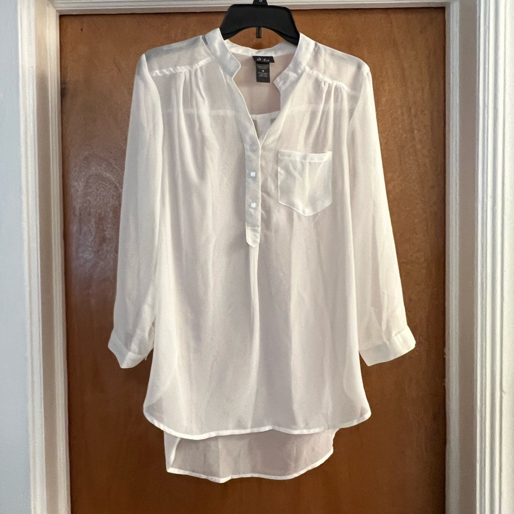 Dots Women’s White Sheer Open V-neck Long Sleeve Top
